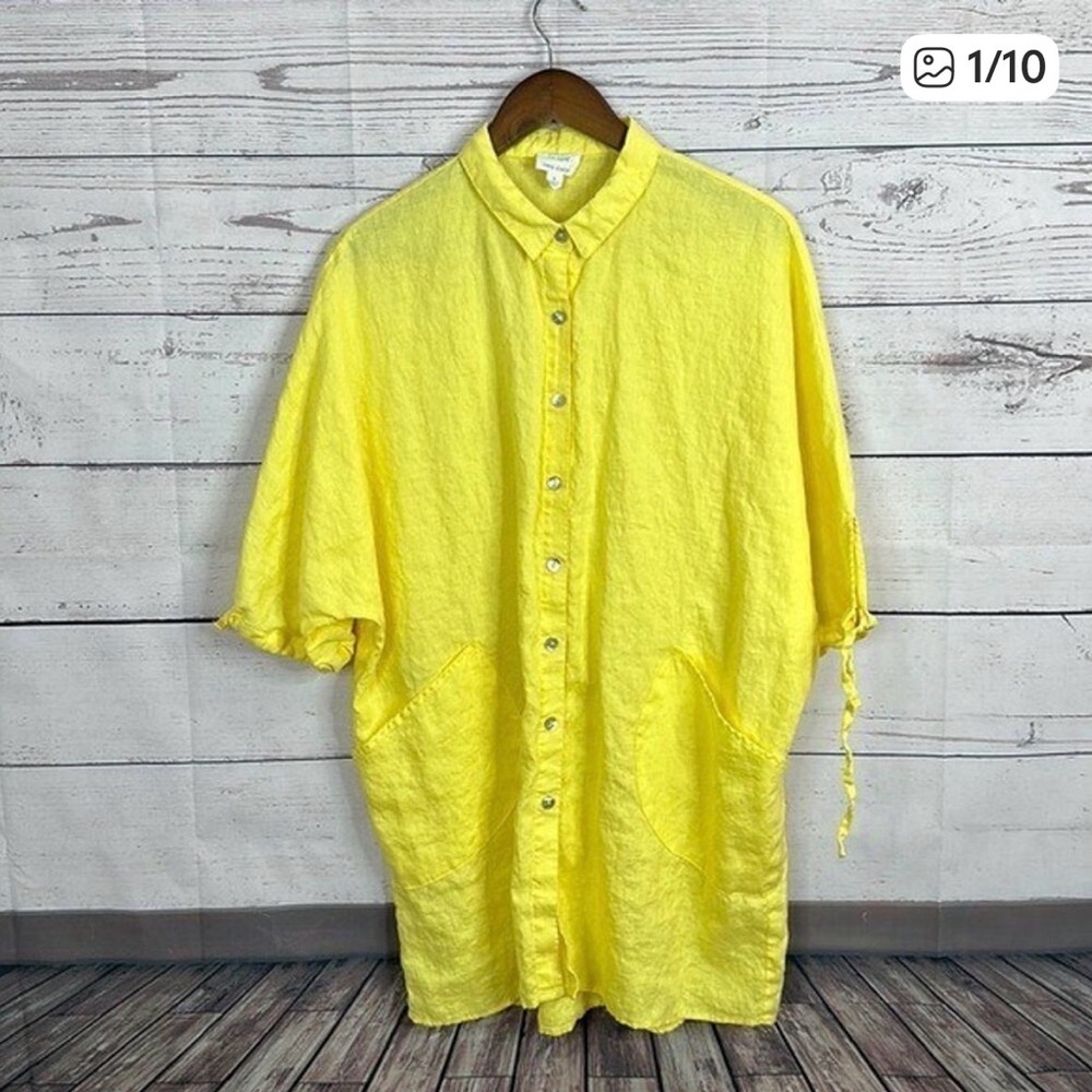 Sigrid Olson Shirt Top‎ Womens Large Butter Yellow Linen Button Coastal Tunic
